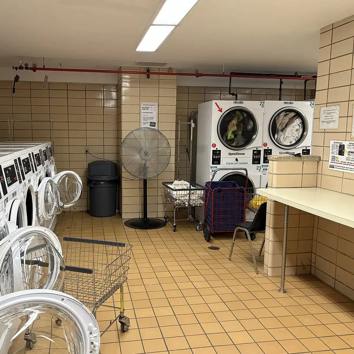 Shared laundry room with stacked coin dryers and front-load washers
